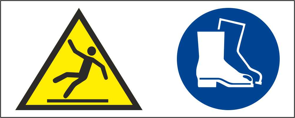 Pavimento scivoloso e calzature di sicurezza obbligatorie - CARTELLO SEGNALETICO UNI ISO 7010 in Adesivo Resistente, Pannello in Forex, Pannello In Alluminio