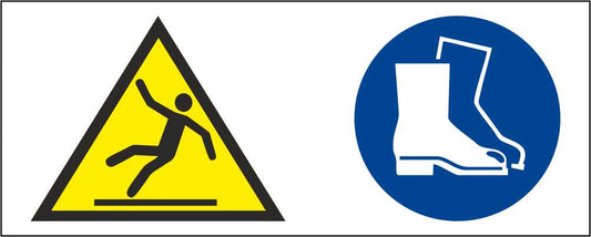 Pavimento scivoloso e calzature di sicurezza obbligatorie - CARTELLO SEGNALETICO UNI ISO 7010 in Adesivo Resistente, Pannello in Forex, Pannello In Alluminio