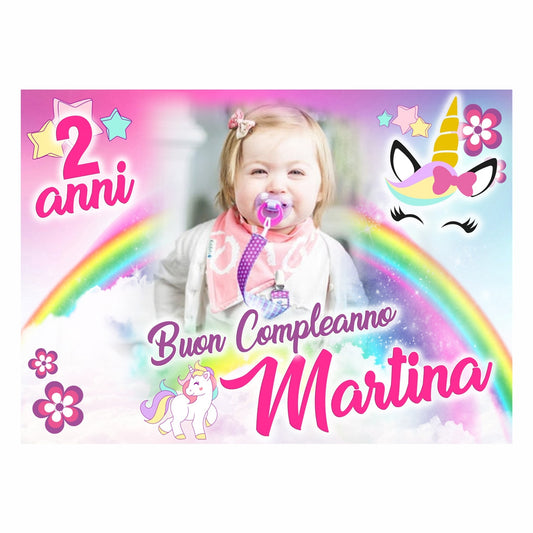 GLOBAL STRISCIONE FONDALE COMPLEANNO - Compleanno Baby Unicorno - STRISCIONE PERSONALIZZATO IN CARTA O IN BANNER PVC ANCHE DA ESTERNO GARANZIA 5 ANNI