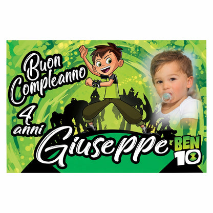 GLOBAL STRISCIONE FONDALE COMPLEANNO - Compleanno Ben 10 - STRISCIONE PERSONALIZZATO IN CARTA O IN BANNER PVC ANCHE DA ESTERNO GARANZIA 5 ANNI