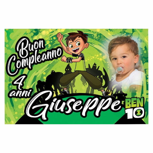 GLOBAL STRISCIONE FONDALE COMPLEANNO - Compleanno Ben 10 - STRISCIONE PERSONALIZZATO IN CARTA O IN BANNER PVC ANCHE DA ESTERNO GARANZIA 5 ANNI