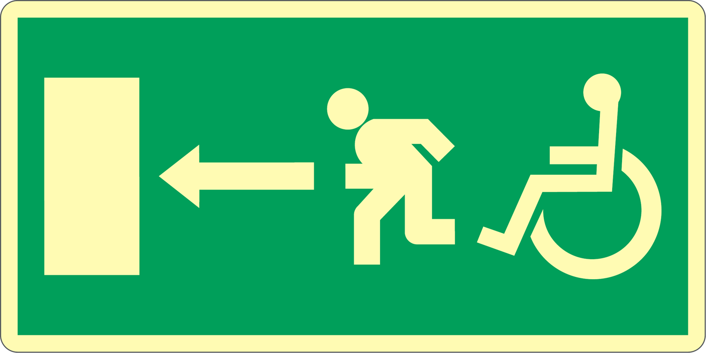 GLOBAL CARTELLO SEGNALETICO LUMINESCENTE UNI - USCITA DI EMERGENZA DISABILI SINISTRA NORMA CE - Adesivo Luminescente O Pannello Rigido Luminescente
