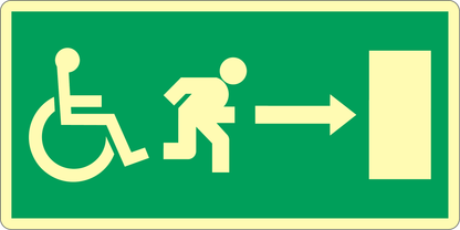 GLOBAL CARTELLO SEGNALETICO LUMINESCENTE UNI - USCITA DI EMERGENZA DISABILI DESTRA NORMA CE - Adesivo Luminescente O Pannello Rigido Luminescente