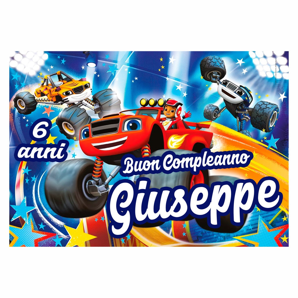 GLOBAL STRISCIONE FONDALE COMPLEANNO - Blaze and the monster machines - STRISCIONE PERSONALIZZATO IN CARTA O IN BANNER PVC ANCHE DA ESTERNO GARANZIA 5 ANNI