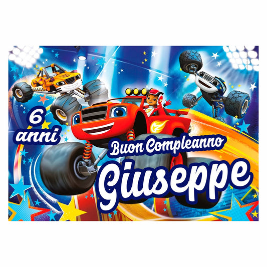 GLOBAL STRISCIONE FONDALE COMPLEANNO - Blaze and the monster machines - STRISCIONE PERSONALIZZATO IN CARTA O IN BANNER PVC ANCHE DA ESTERNO GARANZIA 5 ANNI