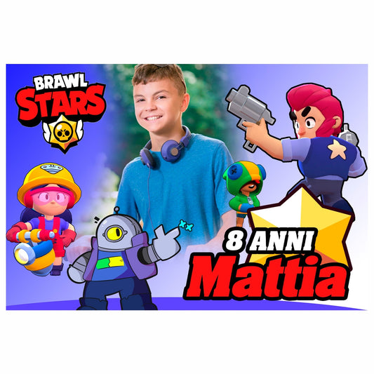 GLOBAL STRISCIONE FONDALE COMPLEANNO - Compleanno Brawl Stars - STRISCIONE PERSONALIZZATO IN CARTA O IN BANNER PVC ANCHE DA ESTERNO GARANZIA 5 ANNI