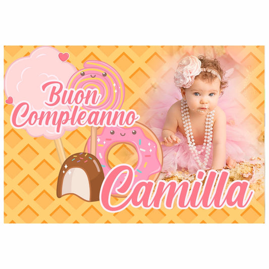 GLOBAL STRISCIONE FONDALE COMPLEANNO - Compleanno Caramelle Donuts - STRISCIONE PERSONALIZZATO IN CARTA O IN BANNER PVC ANCHE DA ESTERNO GARANZIA 5 ANNI