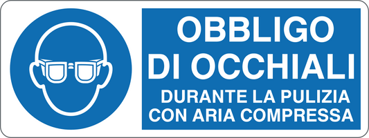OBBLIGO DI OCCHIALI DURANTE LA PULIZIA CON ARIA COMPRESSA - CARTELLO SEGNALETICO UNI ISO 7010 in Adesivo, Pannello in Forex, Pannello In Alluminio