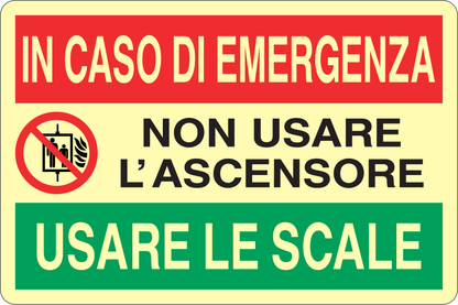 GLOBAL CARTELLO SEGNALETICO LUMINESCENTE - IN CASO DI EMERGENZA NON USARE L'ASCENSORE USARE LE SCALE - Adesivo Luminescente O Pannello Rigido Luminescente