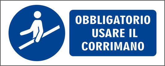 OBBLIGATORIO USARE IL CORRIMANO - CARTELLO SEGNALETICO UNI ISO 7010 in Adesivo Resistente, Pannello in Forex, Pannello In Alluminio