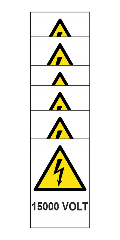 KIT DI 6 ADESIVI RETTANGOLARI - 15000 VOLT - Pittogramma ISO 7010 Con Stampa Diretta U.V. (IDEALE ANCHE PER ESTERNO)