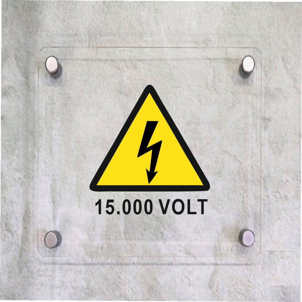 Global Targa Cartello in plexiglass Quadrato - 15000 VOLT - Con Distanziali in acciaio inox, Stampa UV