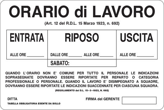 GLOBAL CARTELLO SEGNALETICO - ORARIO DI LAVORO CON SPAZI SCRIVIBILI - Adesivo Resistente, Pannello in Forex, Pannello In Alluminio