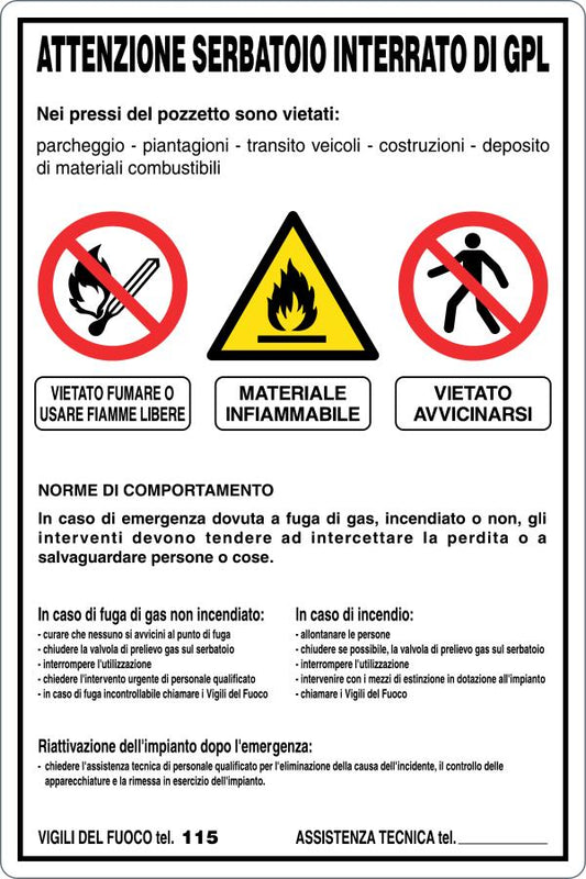 GLOBAL CARTELLO SEGNALETICO - SERBATOIO INTERRATO GPL - NORME DI COMPORTAMENTO - Adesivo Resistente, Pannello in Forex, Pannello In Alluminio