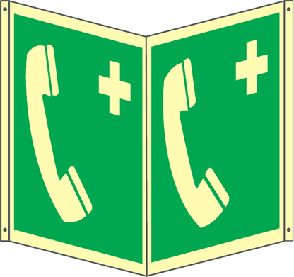 GLOBAL CARTELLO SEGNALETICO BIFACCIALE LUMINESCENTE - SIMBOLO TELEFONO DI EMERGENZA - In Alluminio Con Adesivo Luminescente Con Stampa Diretta U.V. (IDEALE ANCHE PER ESTERNO)