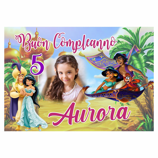 GLOBAL STRISCIONE FONDALE COMPLEANNO - Aladdin - STRISCIONE PERSONALIZZATO IN CARTA O IN BANNER PVC ANCHE DA ESTERNO GARANZIA 5 ANNI