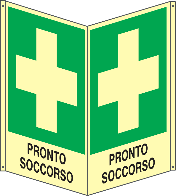 GLOBAL CARTELLO SEGNALETICO BIFACCIALE LUMINESCENTE - PRONTO SOCCORSO - In Alluminio Con Adesivo Luminescente Con Stampa Diretta U.V. (IDEALE ANCHE PER ESTERNO)