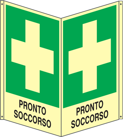 GLOBAL CARTELLO SEGNALETICO BIFACCIALE LUMINESCENTE - PRONTO SOCCORSO - In Alluminio Con Adesivo Luminescente Con Stampa Diretta U.V. (IDEALE ANCHE PER ESTERNO)