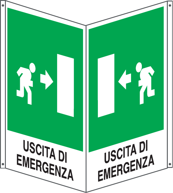 GLOBAL CARTELLO SEGNALETICO BIFACCIALE QUADRATO - USCITA DI EMERGENZA A SINISTRA - In Alluminio Con Stampa Diretta U.V. (IDEALE ANCHE PER ESTERNO)