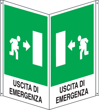 GLOBAL CARTELLO SEGNALETICO BIFACCIALE QUADRATO - USCITA DI EMERGENZA A SINISTRA - In Alluminio Con Stampa Diretta U.V. (IDEALE ANCHE PER ESTERNO)