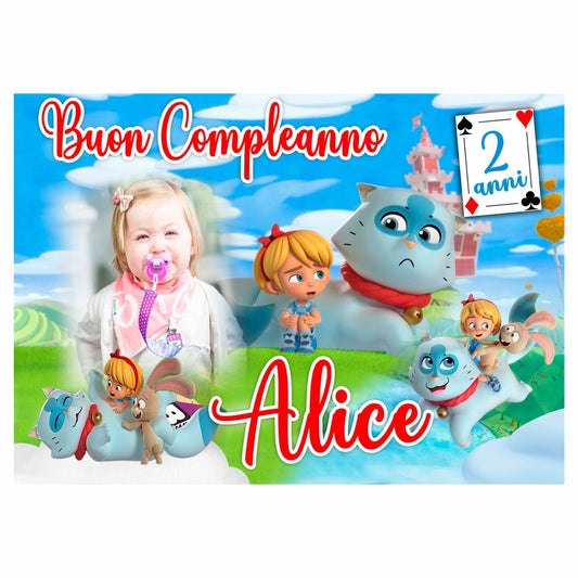 GLOBAL STRISCIONE FONDALE COMPLEANNO - Alice & Lewis - STRISCIONE PERSONALIZZATO IN CARTA O IN BANNER PVC ANCHE DA ESTERNO GARANZIA 5 ANNI