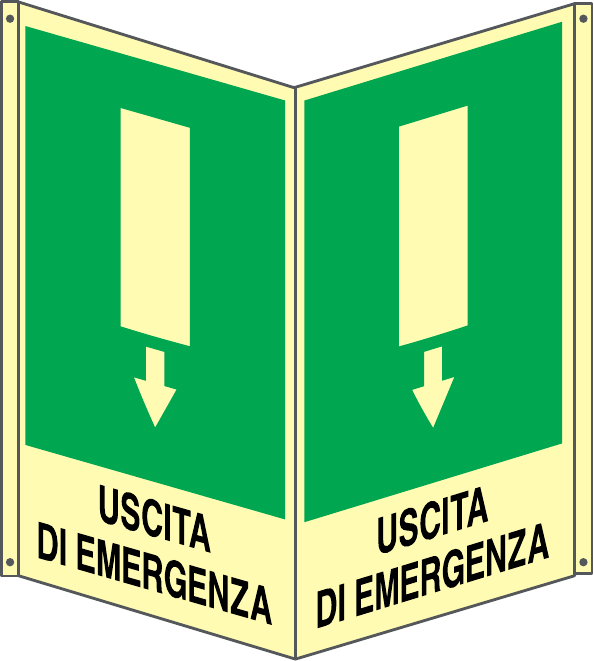 GLOBAL CARTELLO SEGNALETICO BIFACCIALE LUMINESCENTE - USCITA DI EMERGENZA BASSO - In Alluminio Con Adesivo Luminescente Con Stampa Diretta U.V. (IDEALE ANCHE PER ESTERNO)