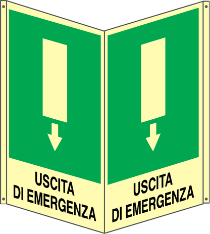 GLOBAL CARTELLO SEGNALETICO BIFACCIALE LUMINESCENTE - USCITA DI EMERGENZA BASSO - In Alluminio Con Adesivo Luminescente Con Stampa Diretta U.V. (IDEALE ANCHE PER ESTERNO)