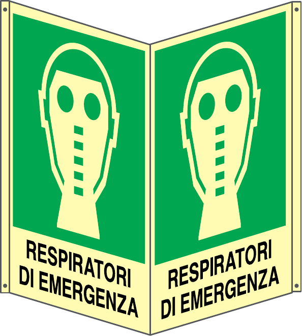 GLOBAL CARTELLO SEGNALETICO BIFACCIALE LUMINESCENTE - RESPIRATORI DI EMERGENZA - In Alluminio Con Adesivo Luminescente Con Stampa Diretta U.V. (IDEALE ANCHE PER ESTERNO)