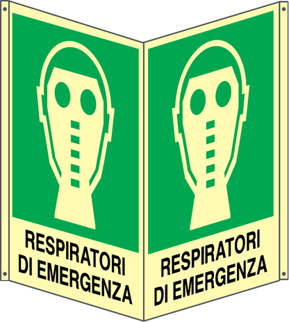GLOBAL CARTELLO SEGNALETICO BIFACCIALE LUMINESCENTE - RESPIRATORI DI EMERGENZA - In Alluminio Con Adesivo Luminescente Con Stampa Diretta U.V. (IDEALE ANCHE PER ESTERNO)