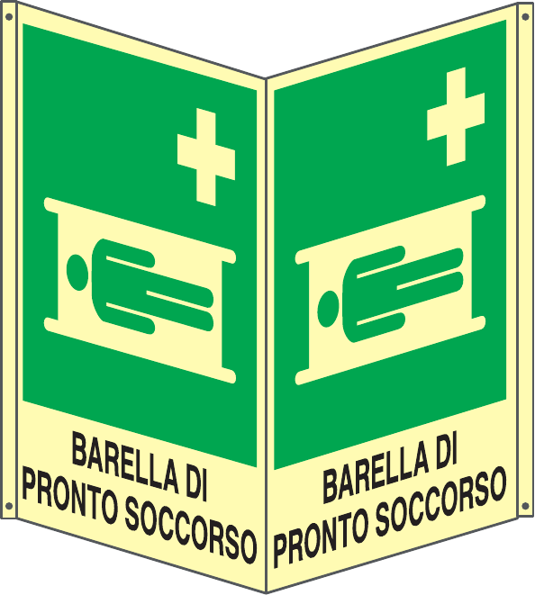 GLOBAL CARTELLO SEGNALETICO BIFACCIALE LUMINESCENTE - BARELLA DI PRONTO SOCCORSO - In Alluminio Con Adesivo Luminescente Con Stampa Diretta U.V. (IDEALE ANCHE PER ESTERNO)