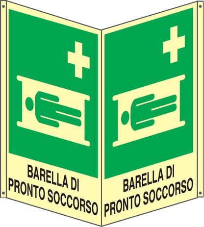 GLOBAL CARTELLO SEGNALETICO BIFACCIALE LUMINESCENTE - BARELLA DI PRONTO SOCCORSO - In Alluminio Con Adesivo Luminescente Con Stampa Diretta U.V. (IDEALE ANCHE PER ESTERNO)