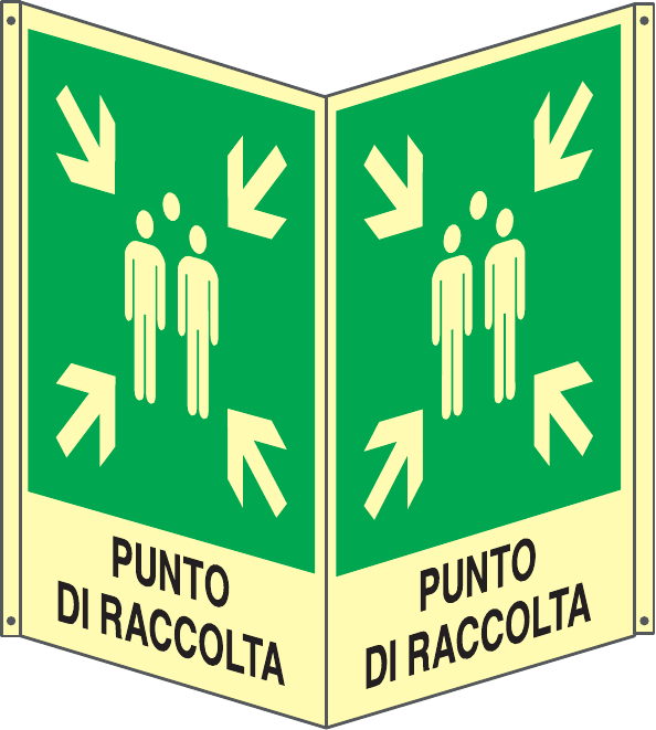 GLOBAL CARTELLO SEGNALETICO BIFACCIALE LUMINESCENTE - PUNTO DI RACCOLTA - In Alluminio Con Adesivo Luminescente Con Stampa Diretta U.V. (IDEALE ANCHE PER ESTERNO)