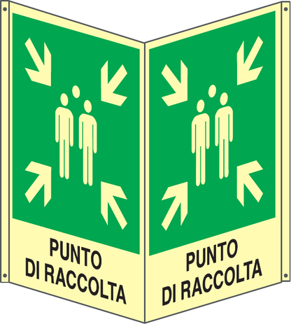 GLOBAL CARTELLO SEGNALETICO BIFACCIALE LUMINESCENTE - PUNTO DI RACCOLTA - In Alluminio Con Adesivo Luminescente Con Stampa Diretta U.V. (IDEALE ANCHE PER ESTERNO)