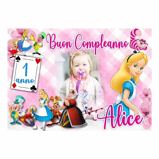 GLOBAL STRISCIONE FONDALE COMPLEANNO - Alice Nel Paese delle Meraviglie - STRISCIONE PERSONALIZZATO IN CARTA O IN BANNER PVC ANCHE DA ESTERNO GARANZIA 5 ANNI