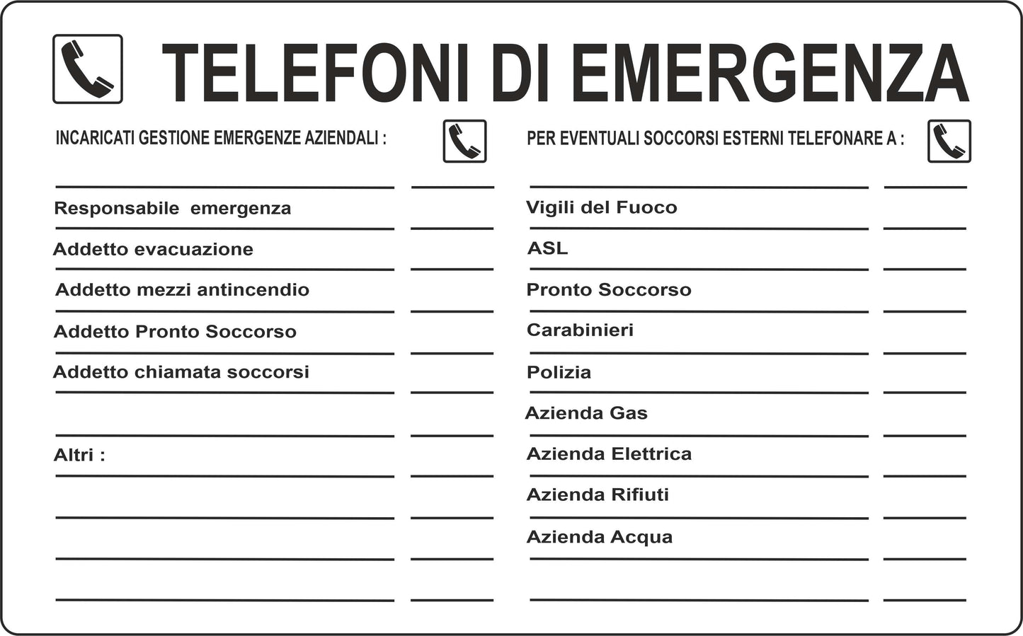 GLOBAL CARTELLO SEGNALETICO - elenco telefoni di emergenza - Adesivo Extra Resistente, Pannello in Forex, Pannello In Alluminio