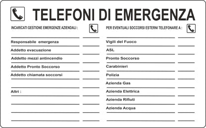 GLOBAL CARTELLO SEGNALETICO - elenco telefoni di emergenza - Adesivo Extra Resistente, Pannello in Forex, Pannello In Alluminio