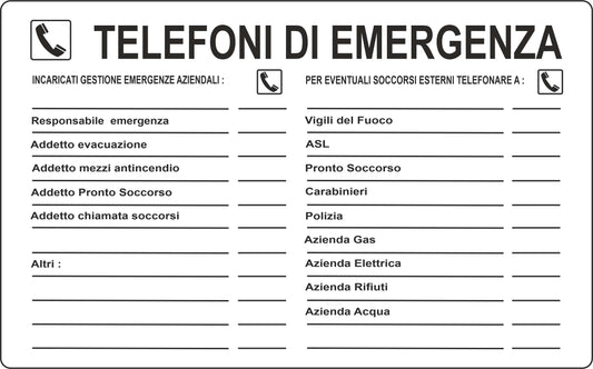 GLOBAL CARTELLO SEGNALETICO - elenco telefoni di emergenza - Adesivo Extra Resistente, Pannello in Forex, Pannello In Alluminio