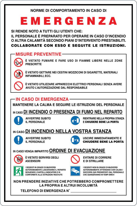 GLOBAL CARTELLO SEGNALETICO - NORME DI COMPORTAMENTO IN CASO DI EMERGENZA - Adesivo Resistente, Pannello in Forex, Pannello In Alluminio