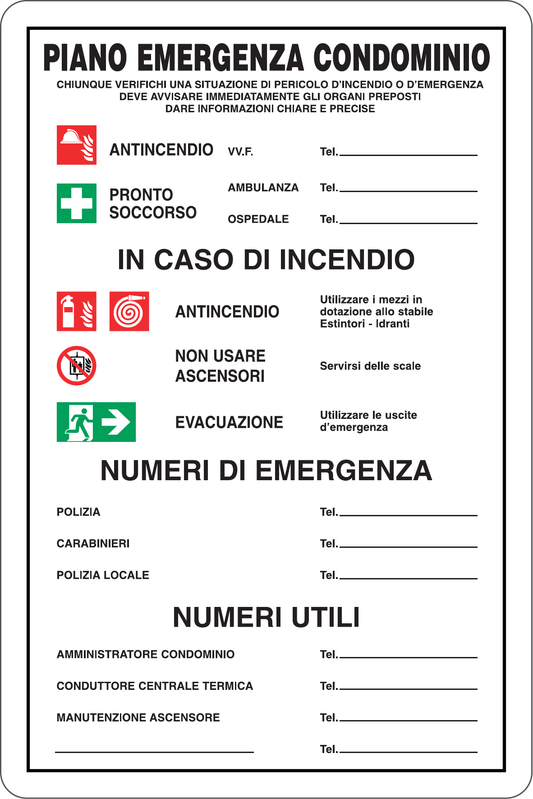 GLOBAL CARTELLO SEGNALETICO - PIANO EMERGENZA CONDOMINIO - NORME IN CASO DI INCENDIO - Adesivo Resistente, Pannello in Forex, Pannello In Alluminio