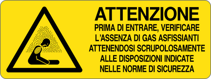 ATTENZIONE PRIMA DI ENTRARE VERIFICARE L'ASSENZA DI GAS ASFISSIANTI - CARTELLO SEGNALETICO UNI ISO 7010 in Adesivo, Pannello in Forex, Pannello In Alluminio