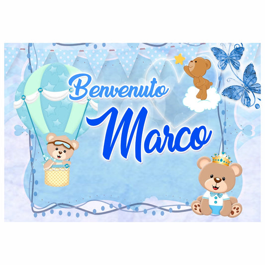 GLOBAL STRISCIONE FONDALE NASCITA - Orsetto Nascita - STRISCIONE PERSONALIZZATO IN CARTA O IN BANNER PVC ANCHE DA ESTERNO GARANZIA 5 ANNI