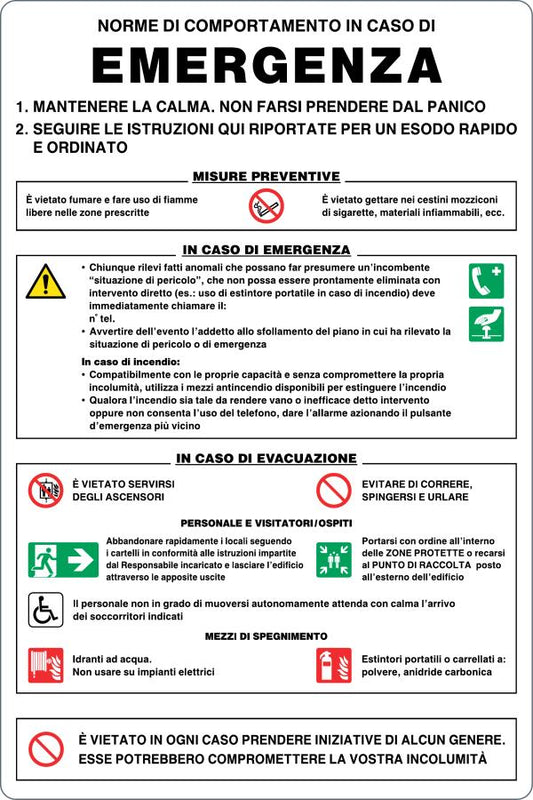 GLOBAL CARTELLO SEGNALETICO - NORME DI COMPORTAMENTO IN CASO DI EMERGENZA - Adesivo Resistente, Pannello in Forex, Pannello In Alluminio