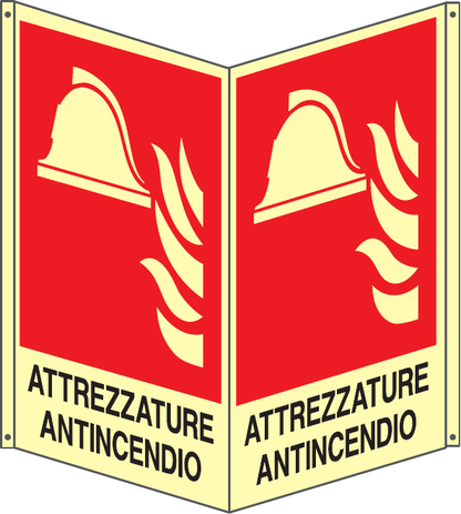 GLOBAL CARTELLO SEGNALETICO BIFACCIALE LUMINESCENTE - ATTREZZATURE ANTINCENDIO - In Alluminio Con Adesivo Luminescente Con Stampa Diretta U.V. (IDEALE ANCHE PER ESTERNO)