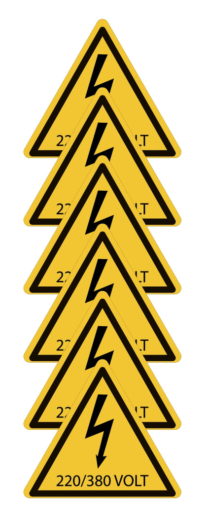 GLOBAL KIT DI 6 ADESIVI TRIANGOLARI - 220 380 V - Pittogramma ISO 7010 Con Stampa Diretta U.V. (IDEALE ANCHE PER ESTERNO)