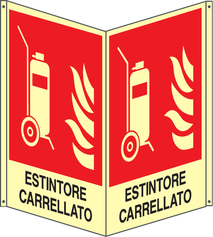 GLOBAL CARTELLO SEGNALETICO BIFACCIALE LUMINESCENTE - ESTINTORE CARRELLATO - In Alluminio Con Adesivo Luminescente Con Stampa Diretta U.V. (IDEALE ANCHE PER ESTERNO)