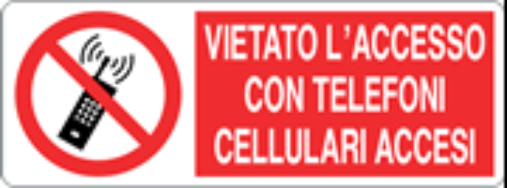 VIETATO L'ACCESSO CON TELEFONI CELLULARI ACCESI - CARTELLO SEGNALETICO UNI ISO 7010 in Adesivo, Pannello in Forex, Pannello In Alluminio