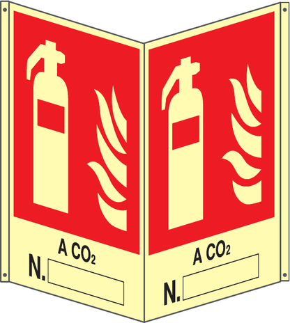 GLOBAL CARTELLO SEGNALETICO BIFACCIALE LUMINESCENTE - ESTINTORE A CO2 N. - In Alluminio Con Adesivo Luminescente Con Stampa Diretta U.V. (IDEALE ANCHE PER ESTERNO)