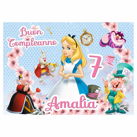 GLOBAL STRISCIONE FONDALE COMPLEANNO - Alice Nel Paese delle Meraviglie mod 4 - STRISCIONE PERSONALIZZATO IN CARTA O IN BANNER PVC ANCHE DA ESTERNO GARANZIA 5 ANNI