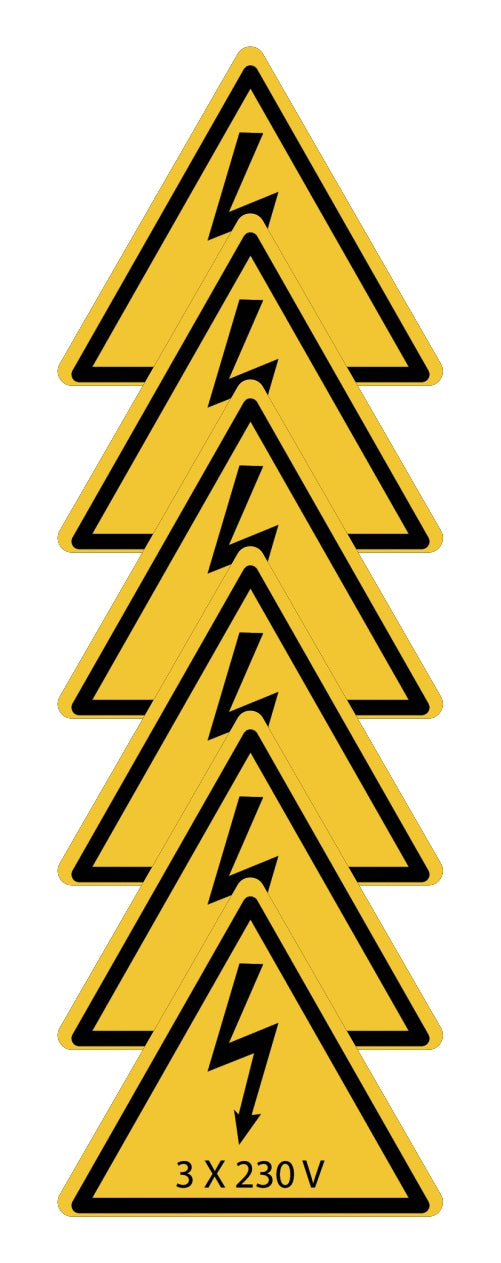 GLOBAL KIT DI 6 ADESIVI TRIANGOLARI - 230 V 6 - Pittogramma ISO 7010 Con Stampa Diretta U.V. (IDEALE ANCHE PER ESTERNO)