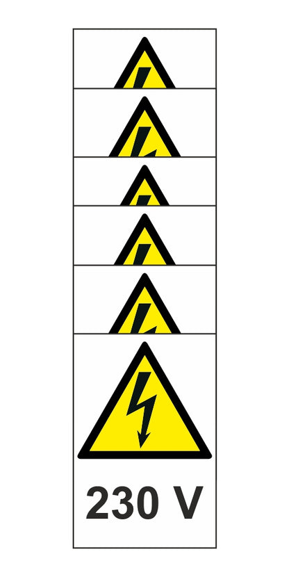 KIT DI 6 ADESIVI RETTANGOLARI - 230 volt - Pittogramma ISO 7010 Con Stampa Diretta U.V. (IDEALE ANCHE PER ESTERNO)